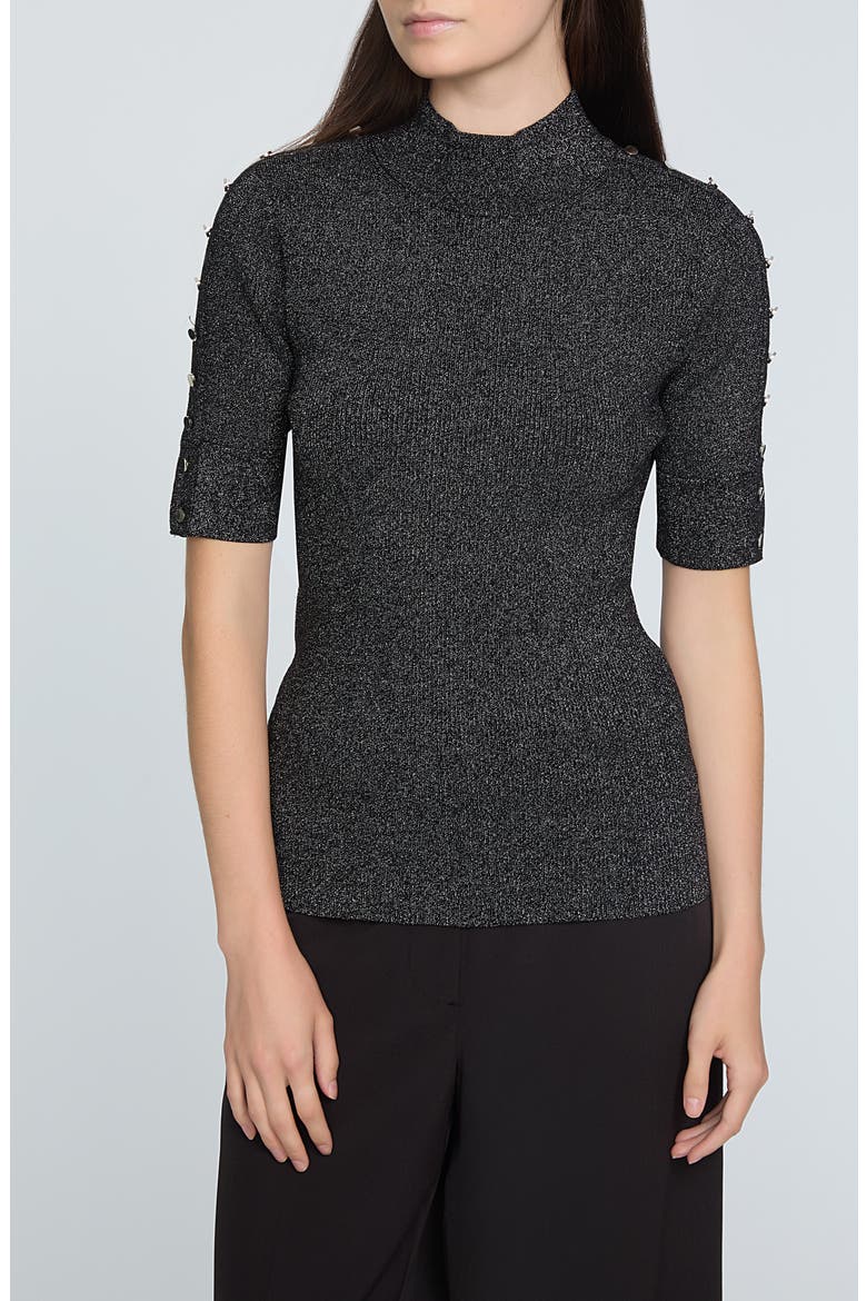 The Samantha Metallic Snap Accent Mock Neck Sweater, Main, color, NOIR WITH GUNMETAL LUREX