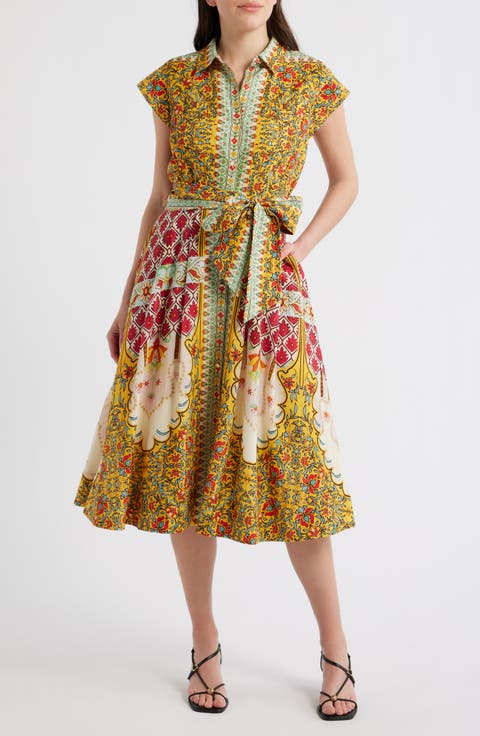 Fran Baroque Print Tie Waist Shirtdress