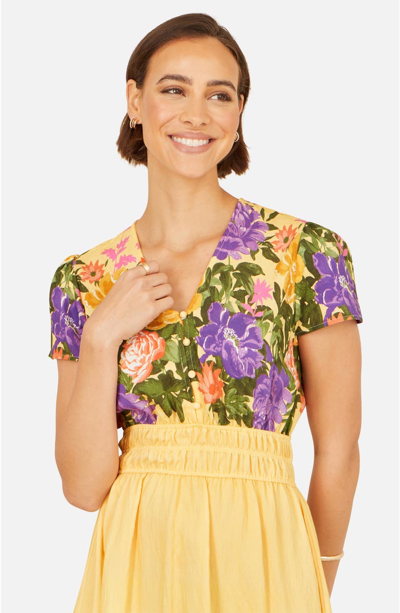 Yumi Floral Mirror Print Viscose Midi Dress, Alternate, color, Butter Yellow