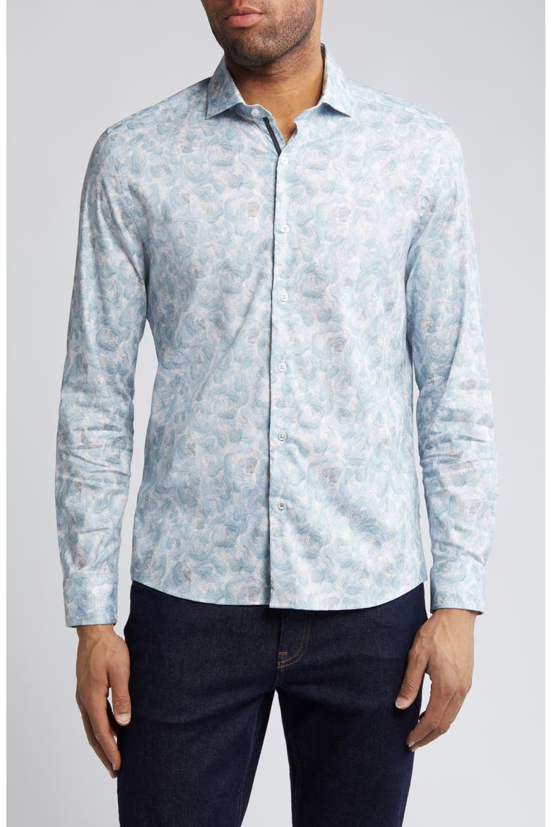 Floral Stretch Button-Up Shirt, Main, color, AQUA
