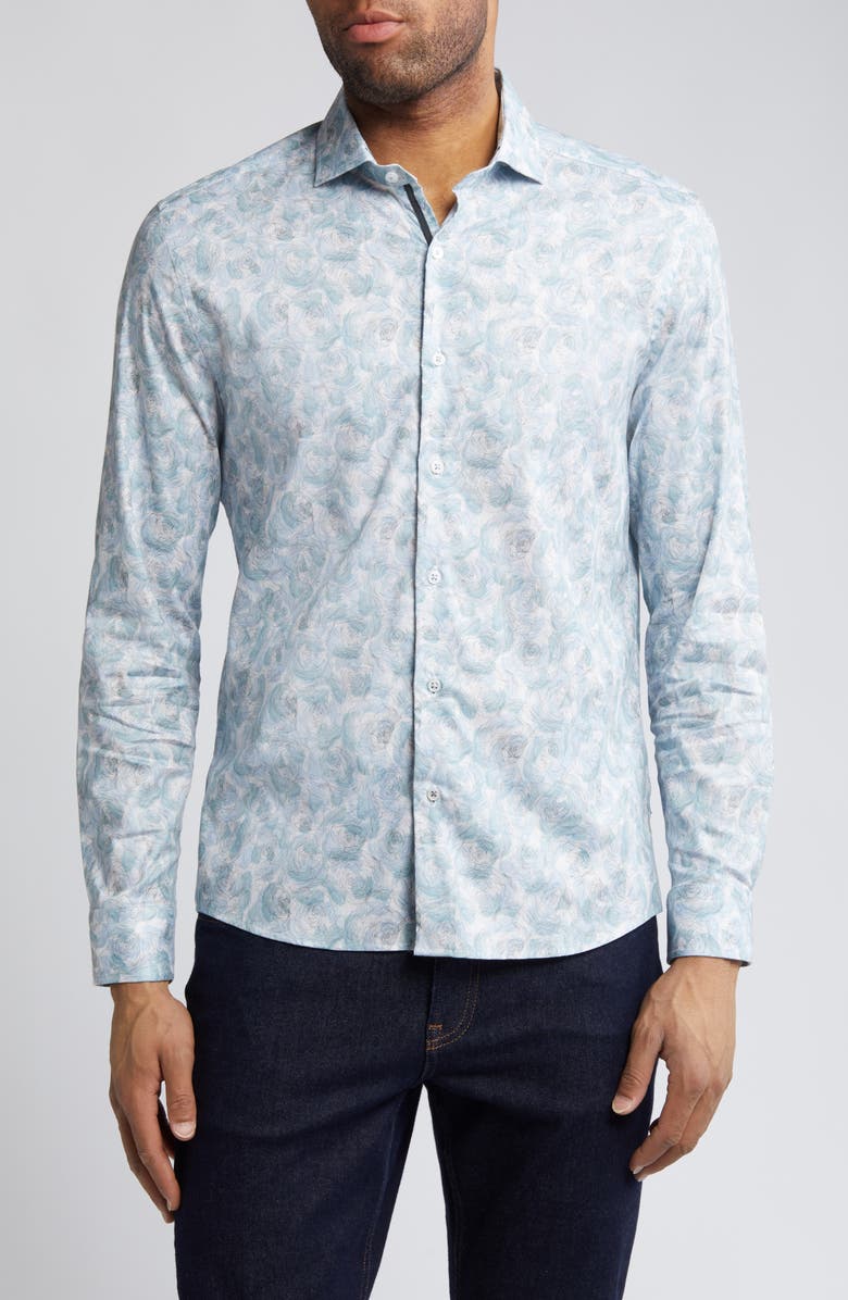 Stone Rose Floral Stretch Button-Up Shirt, Main, color, Aqua