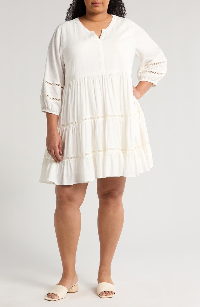 Treasure & Bond Ladder Stitch Accent Linen Blend Tiered Minidress, Main, color, Ivory Egret