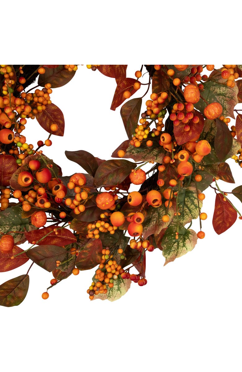 Northlight Mini Gourds and Berries Artificial Fall Harvest Wreath - 24" - Orange and Green - Unlit, Alternate, color,