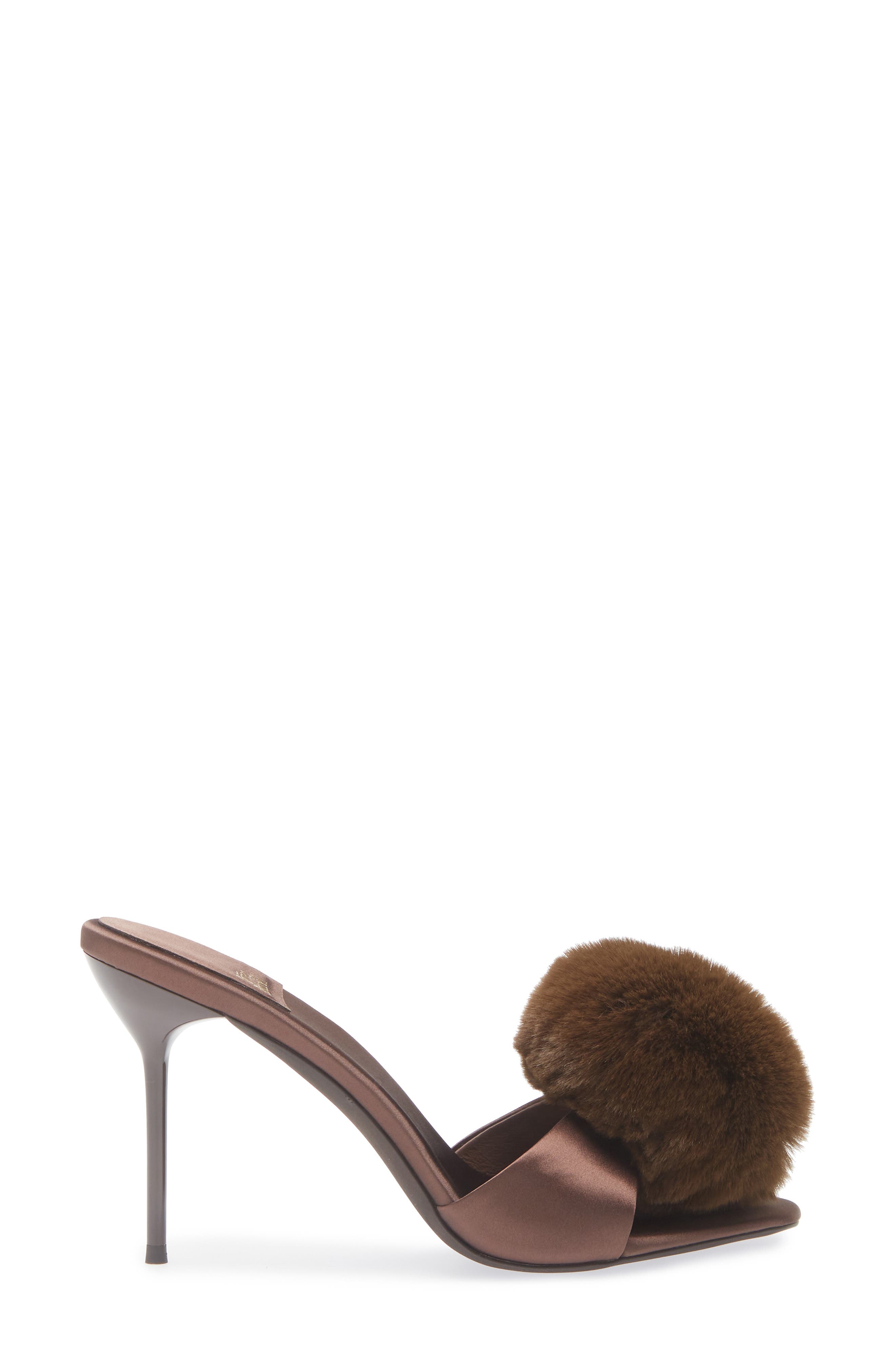 Jeffrey Campbell Shopaholic Faux Fur Pom Slide Sandal, Alternate, color, Brown Satin Combo