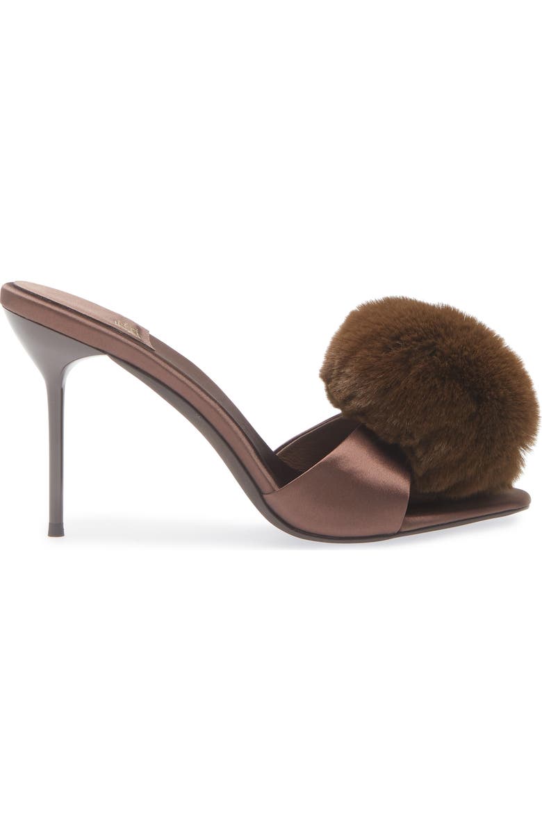 Jeffrey Campbell Shopaholic Faux Fur Pom Slide Sandal, Alternate, color, Brown Satin Combo