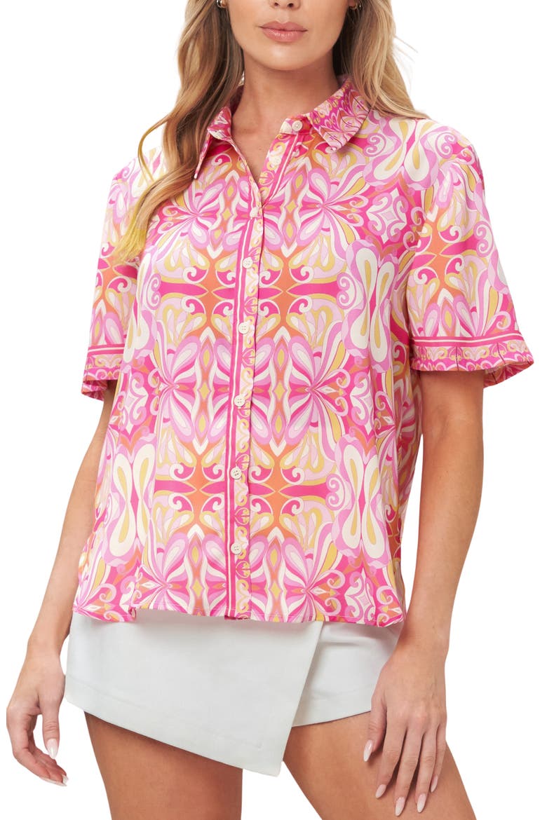 Printed Button Front Shirt, Main, color, PINK