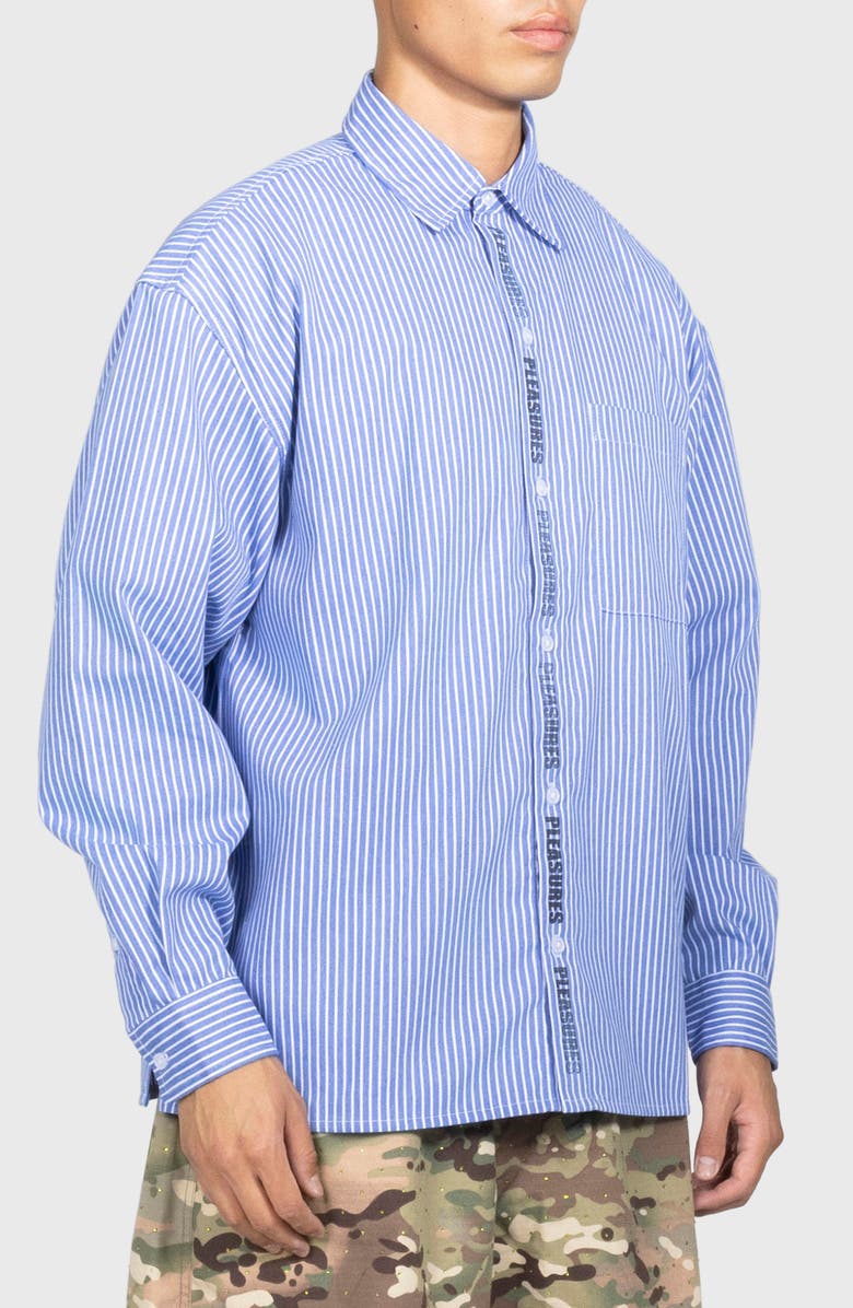 PLEASURES Impact Logo Stripe Cotton Blend Button-Up Shirt, Alternate, color, Blue