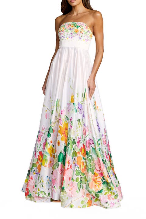 Floral Print Strapless Satin A Line Gown With Pockets