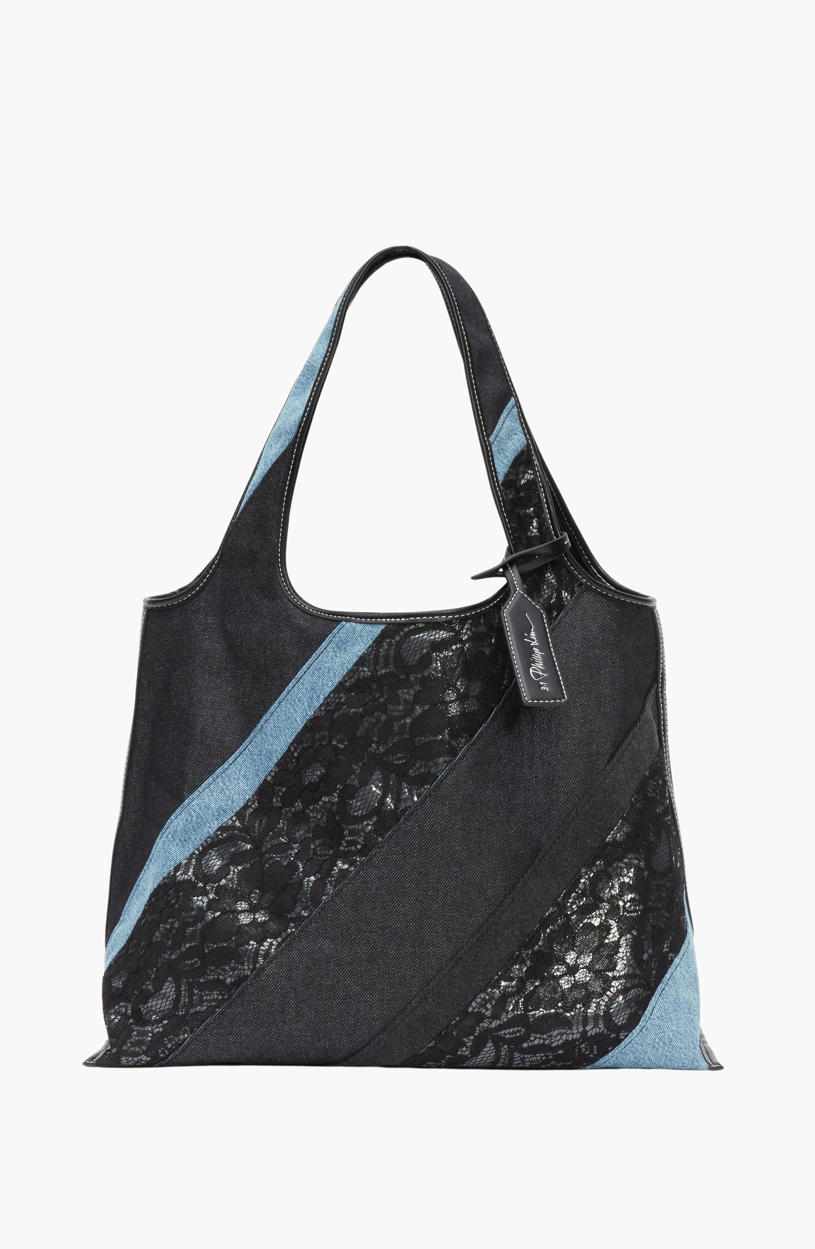 Lace Patchwork Denim Market Tote, Alternate, color, Black Multi
