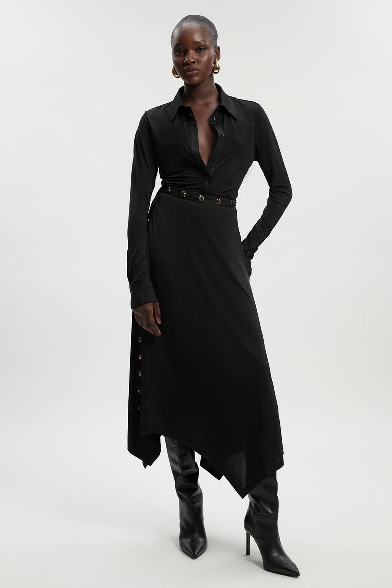 Petite Drapey Crepe Slim Collared Shirt, Alternate, color, Black