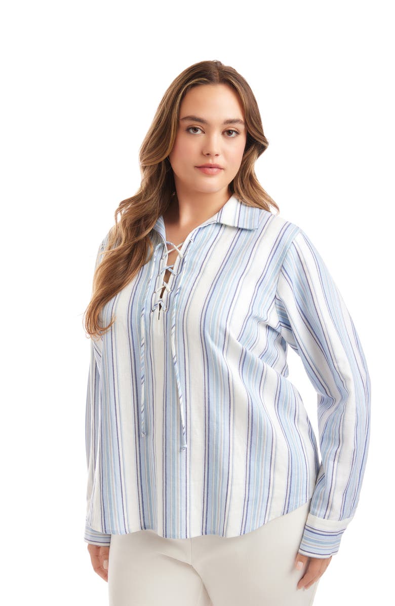 Karen Kane Stripe Linen Blend Lace-Up Popover Shirt, Alternate, color, Stripe