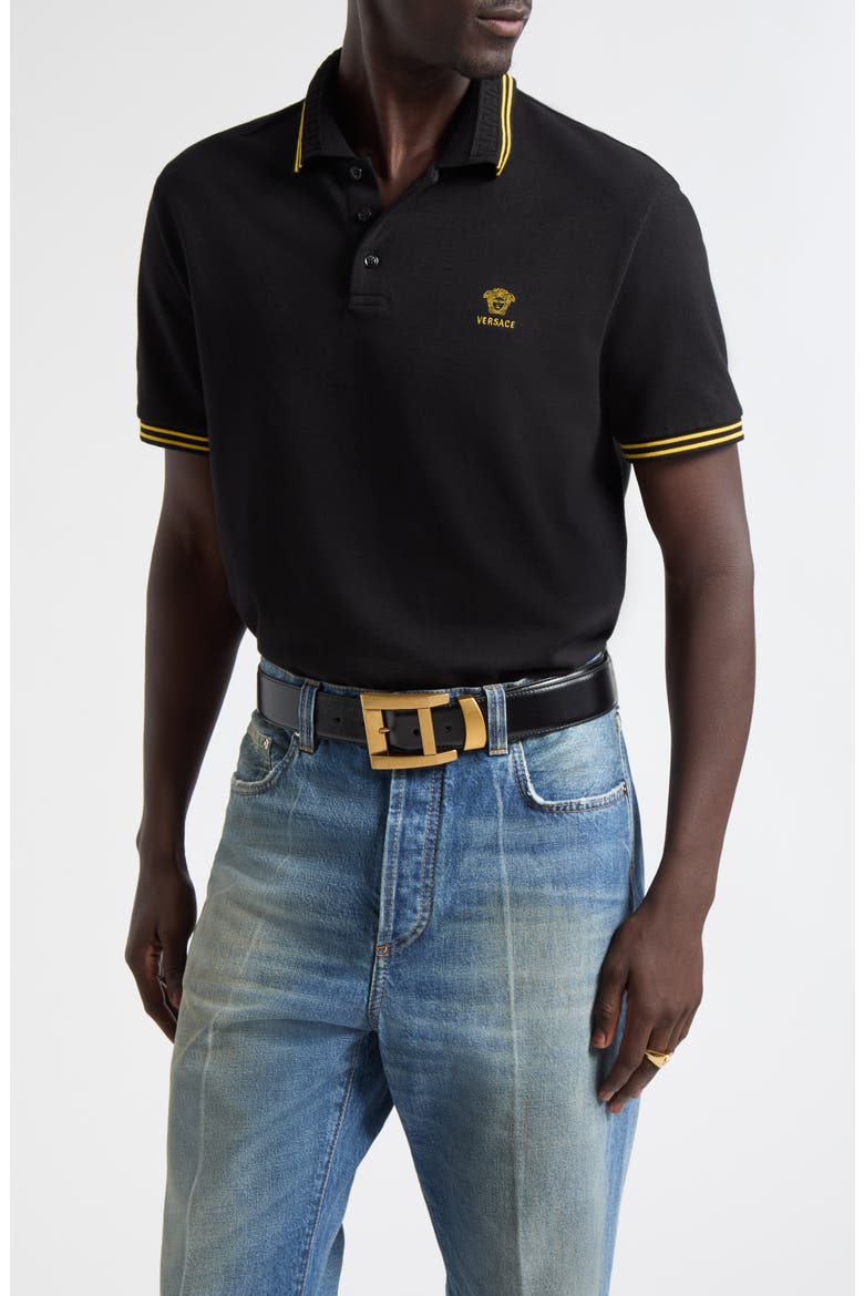 Medusa Piqu Cotton Polo, Main, color, BLACK GOLD