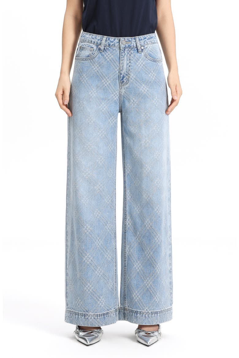 Embellished Textured Plaid High Waist Wide Leg Jeans, Main, color, LIGHTSTREAM