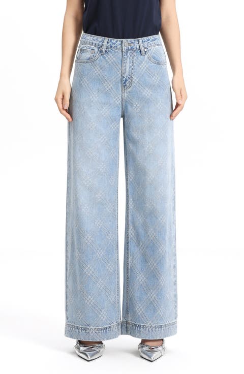 Embellished Textured Plaid High Waist Wide Leg Jeans (Lightstream)