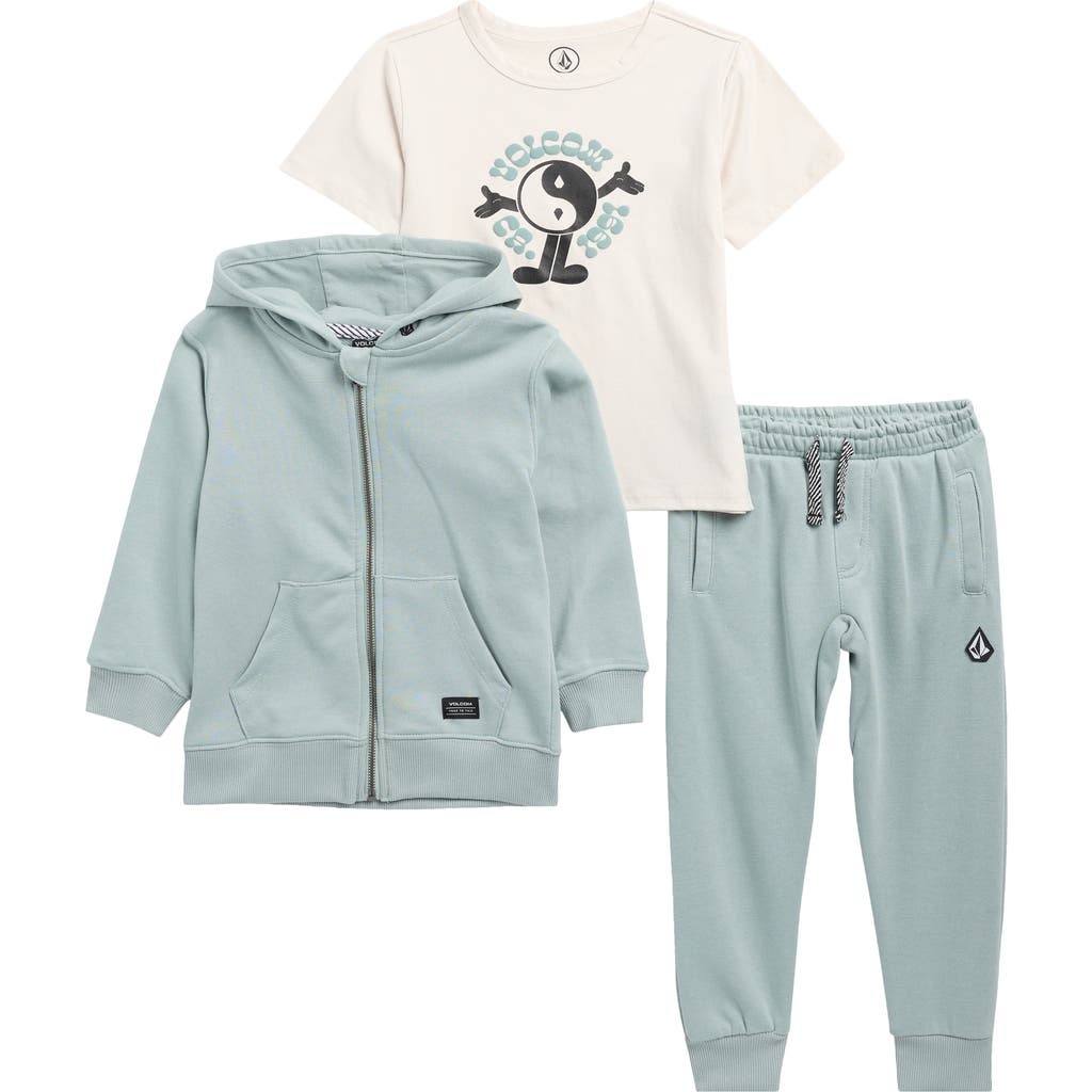 Volcom Kids' Graphic T-shirt, Acid Washed French Terry Hoodie & Joggers Set In Blue