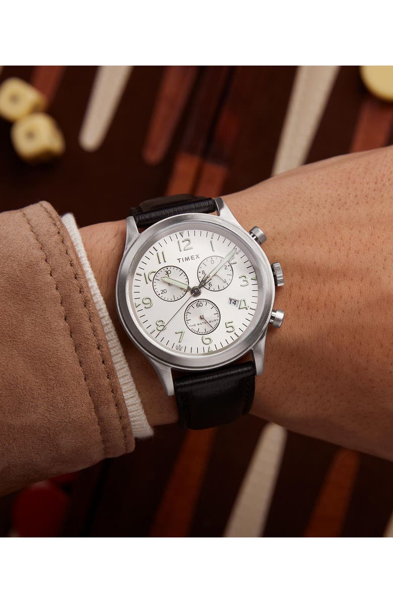 Timex<sup>®</sup> Waterbury Traditional Chronograph Leather Strap Watch, 42mm, Alternate, color, Black