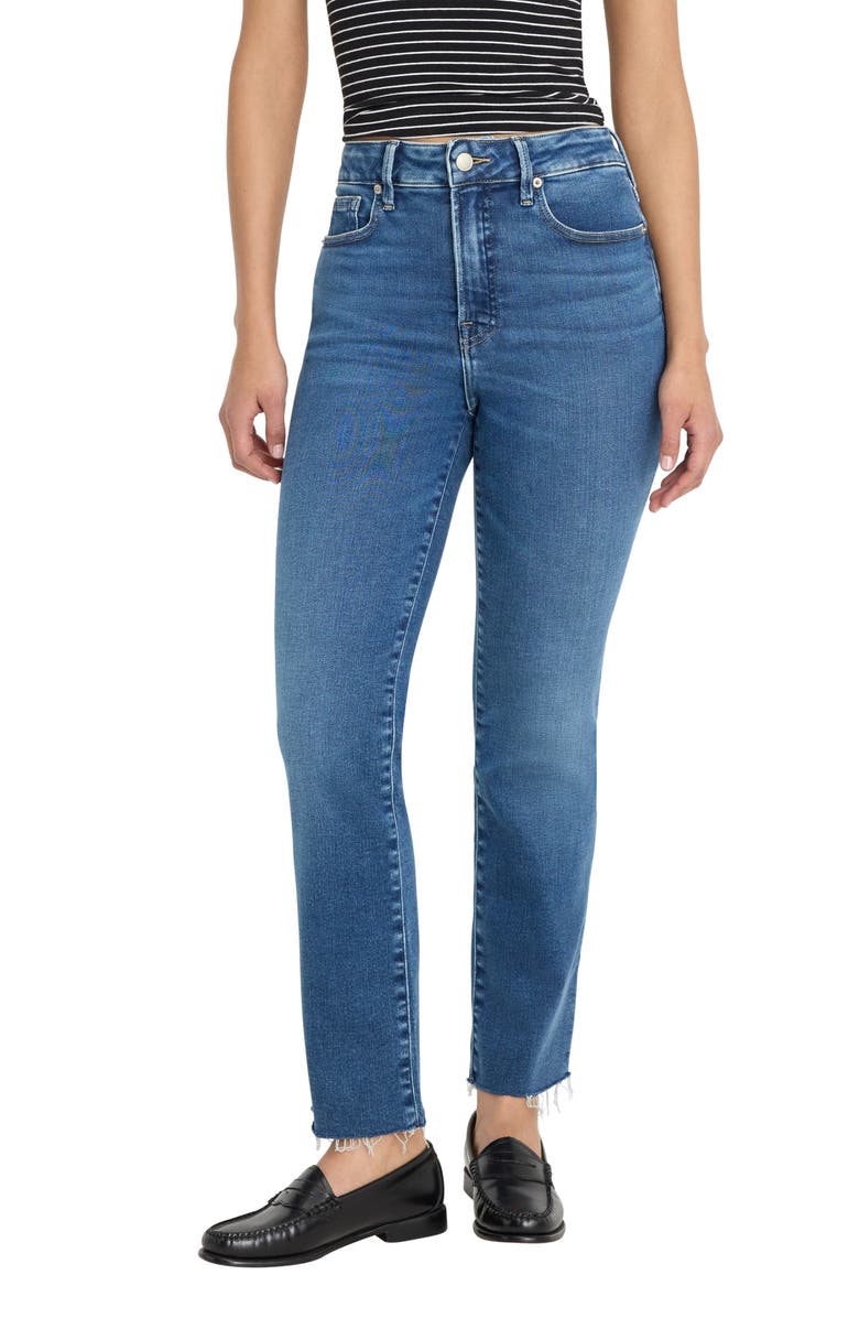 Good American Soft-Tech Good Straight Raw Hem Ankle Straight Leg Jeans, Main, color, Indigo818