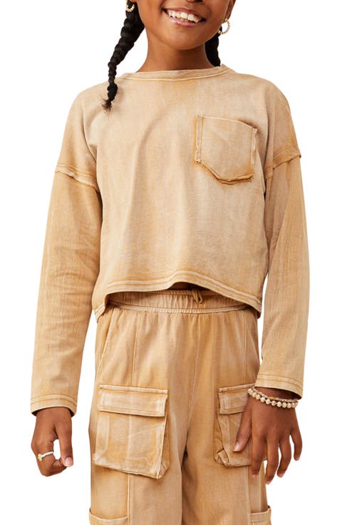 Kids' Washed Pocket Cotton Long Sleeve T-Shirt