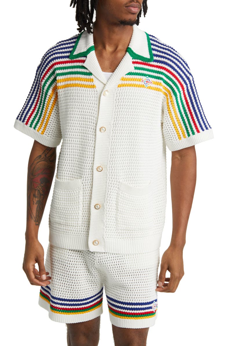 Casablanca Rainbow Crochet Stitch Short Sleeve Button-Up Shirt, Main, color,