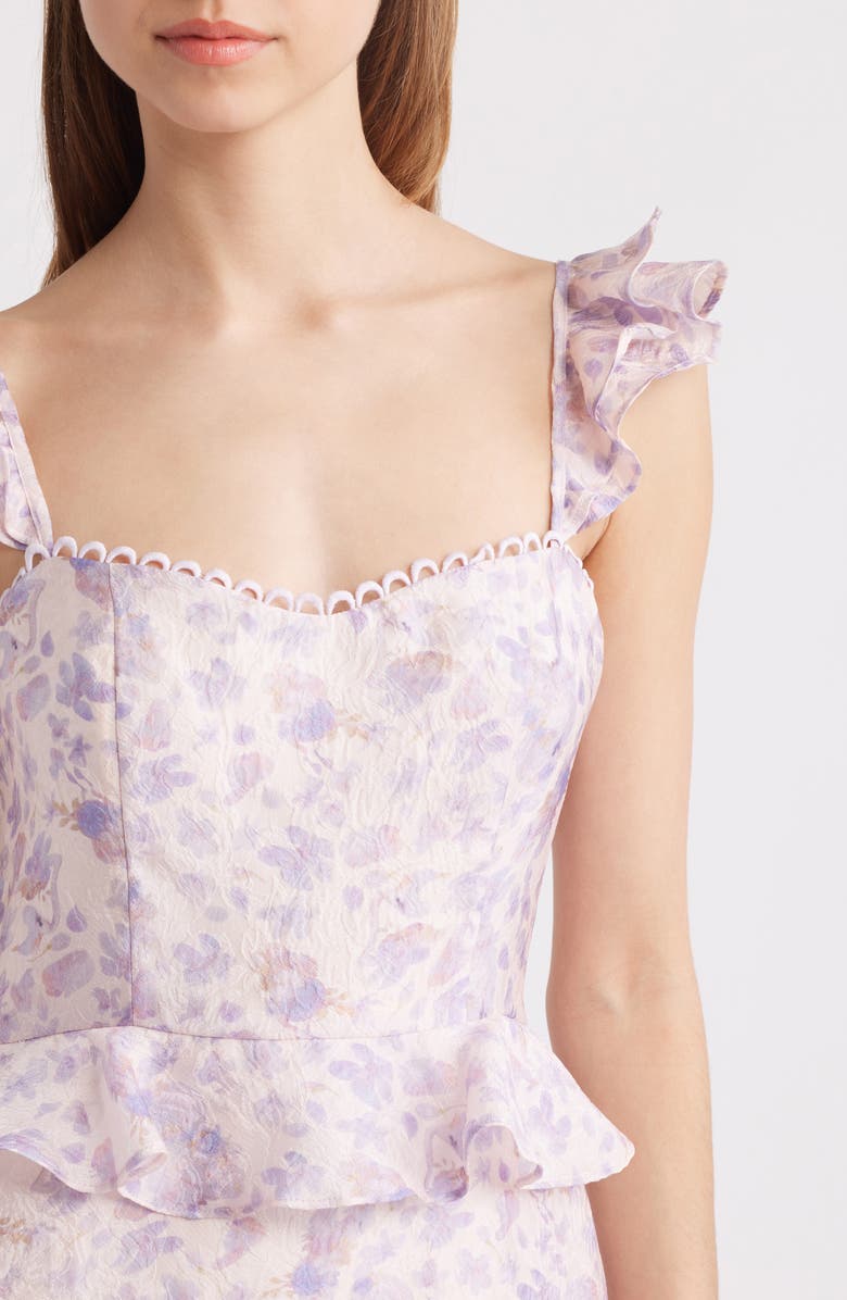 Lulus Bianca Ruffle Strap Floral Jacquard Minidress, Alternate, color, Lavender Floral