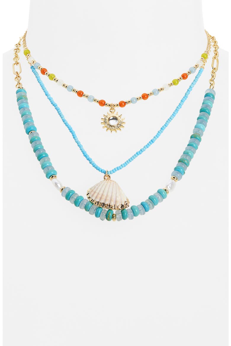Layered Shell Charm Beaded Necklace, Alternate, color, BLUE MULTI- GOLD