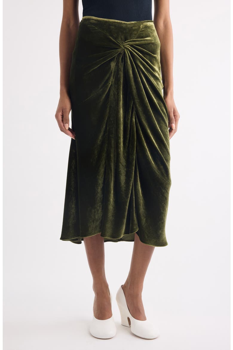 Smila Twist Front Velvet Midi Skirt, Main, color, KHAKI