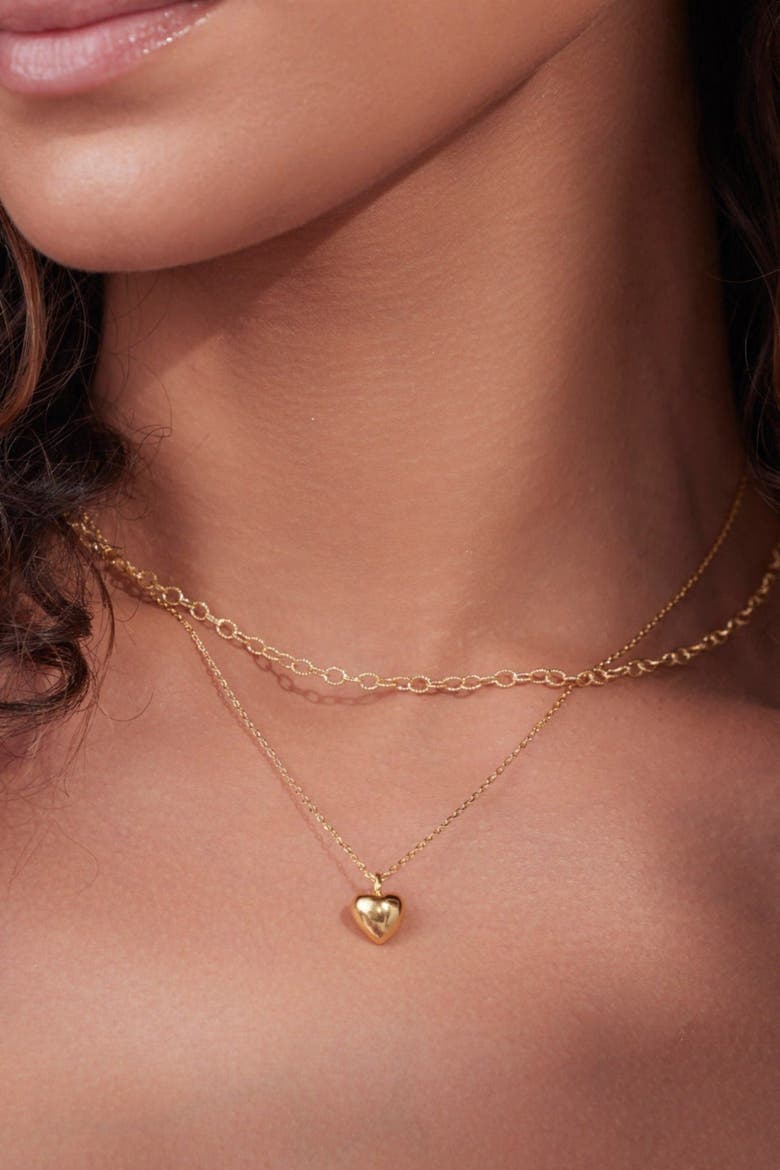 14k Gold Plated Puffed Heart Necklace & Huggies Set Cute Trendy Everyday, Alternate, color, Gold