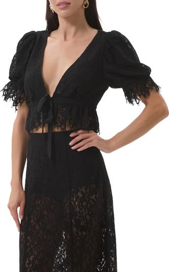 Wayla Lace Plunge Neck Puff Sleeve Babydoll Top