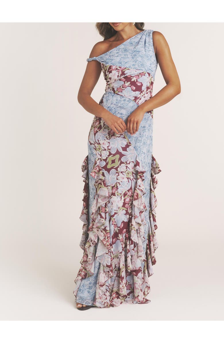 Six Stories Floral Print Twist Detail Ruffle Dress, Alternate, color, Pale Blue