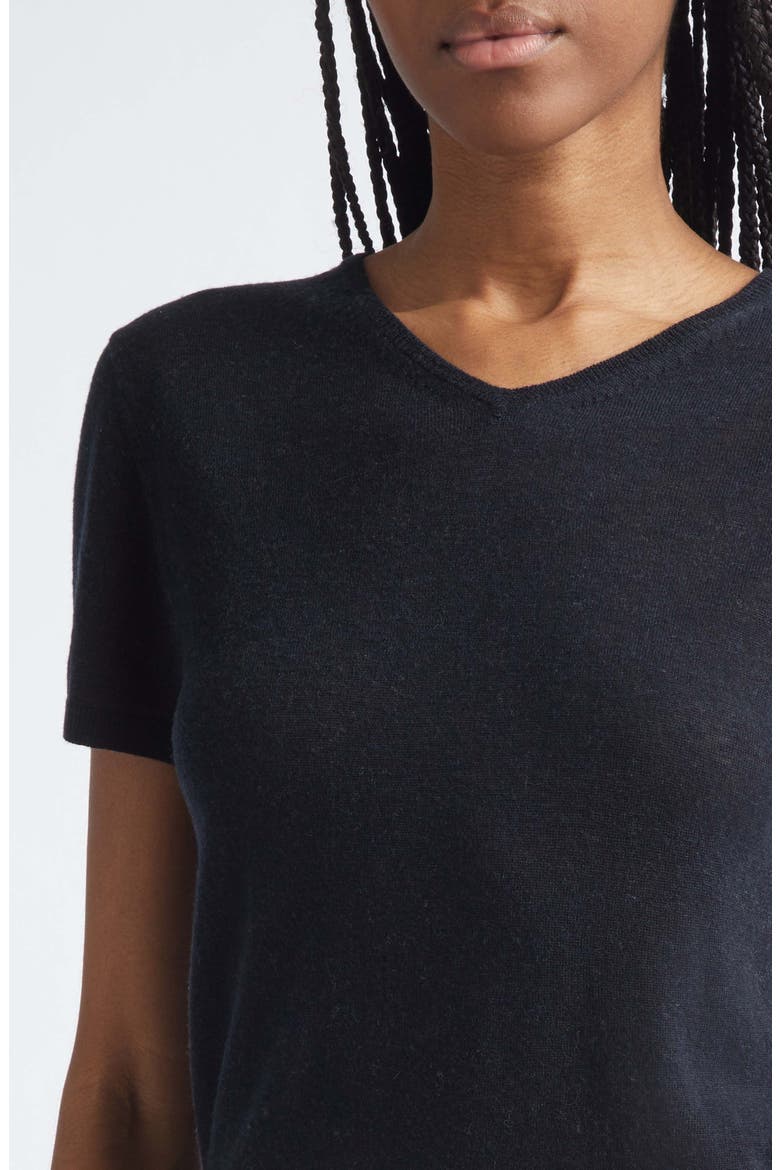 High V-Neck Short Sleeve Wool Sweater, Alternate, color, BLACK