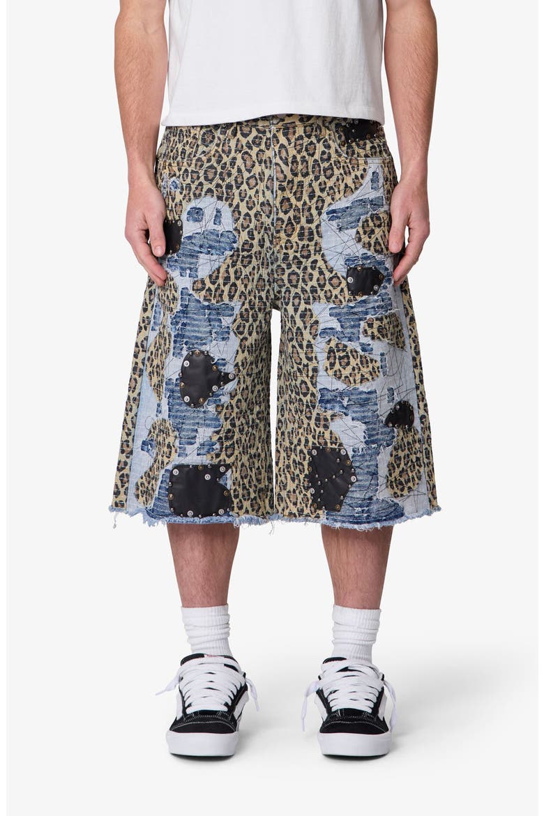 Ultra Baggy Cheetah Boro Denim Shorts, Main, color, KHAKI MULTI