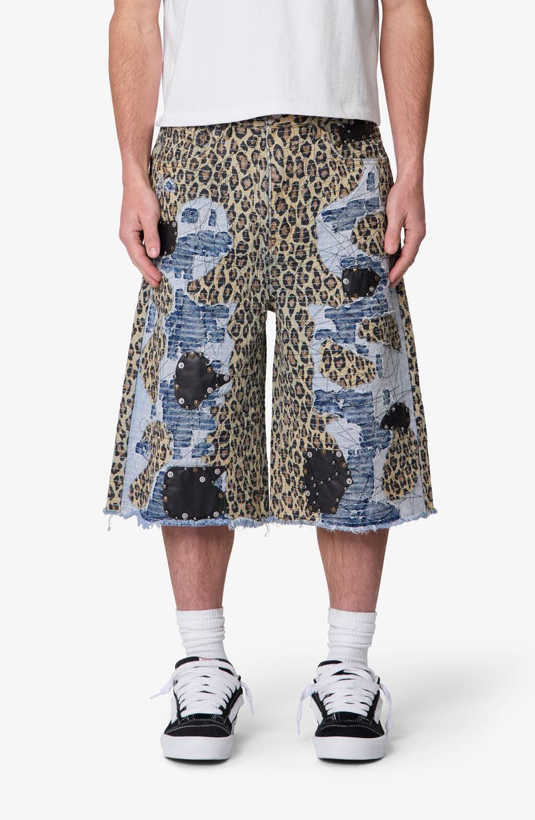 mnml Ultra Baggy Cheetah Boro Denim Shorts, Main, color, Khaki Multi