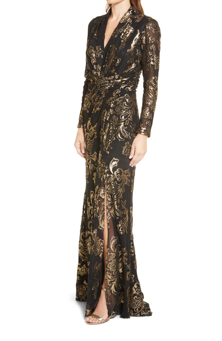 Tadashi Shoji Metallic Floral Long Sleeve Gown, Alternate, color,