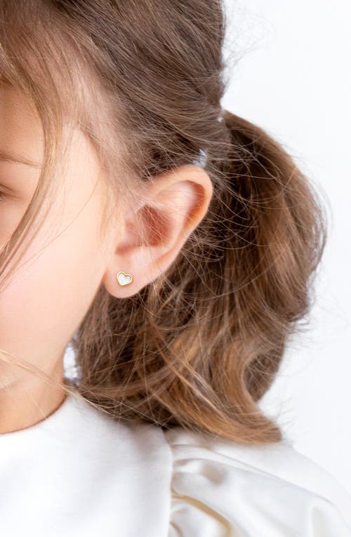 Tiny Blessings 14k Gold Genuine Love Mother Of Pearl Heart Studs Screw Back Earrings In Gold