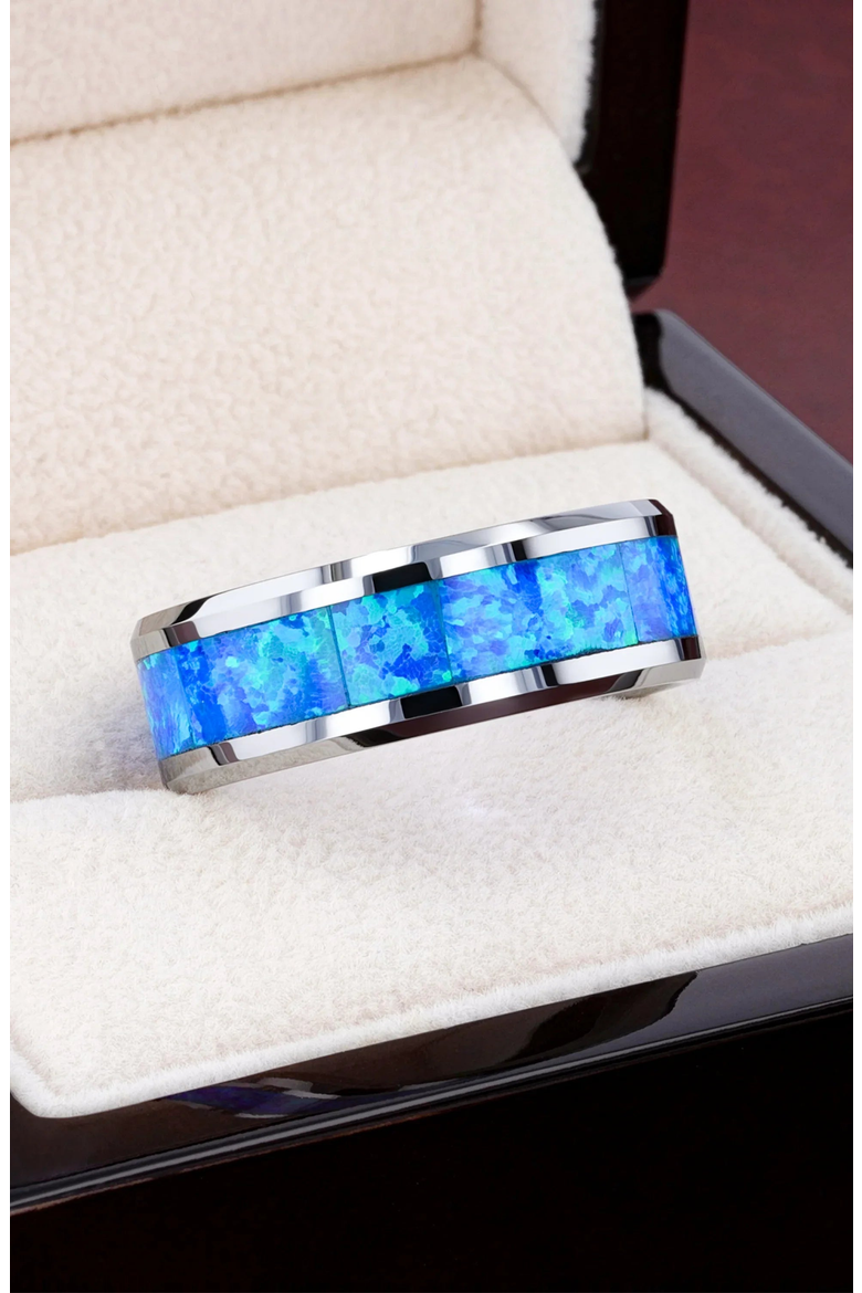 Quasar Tungsten Wedding Band With Opal Inlay, Alternate, color, Blue Green Opal 8mm