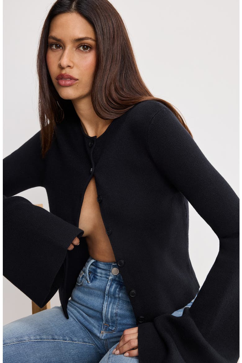 Ribbed Bell Sleeve Cardigan, Alternate, color, BLACK001