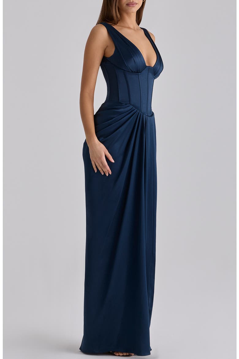 Angeline Sleeveless Satin Corset Gown, Alternate, color, NAVY