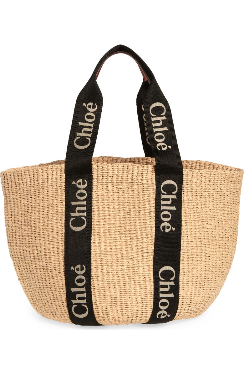 Chloé Large Woody Straw Basket Tote, Alternate, color, Black-Beige 1