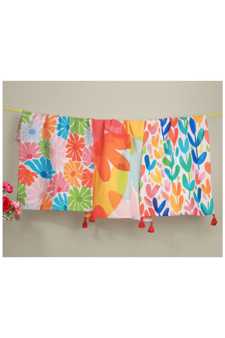 Vibrant Meadow Set of 3 Cotton Waffle Kitchen Towels, Alternate, color, RAINBOW / HOT PINK