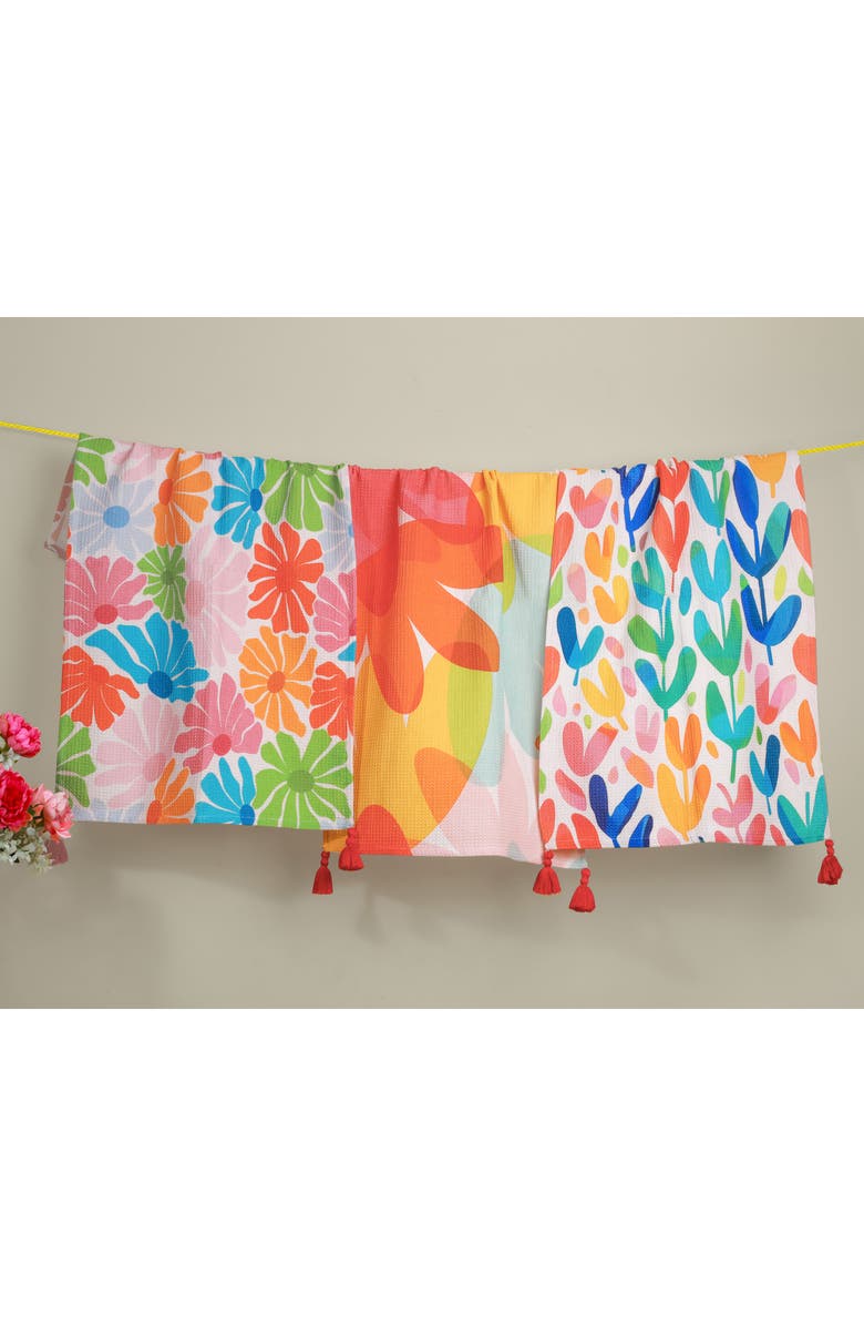 Tiramisu Vibrant Meadow Set of 3 Cotton Waffle Kitchen Towels, Alternate, color, Rainbow / Hot Pink