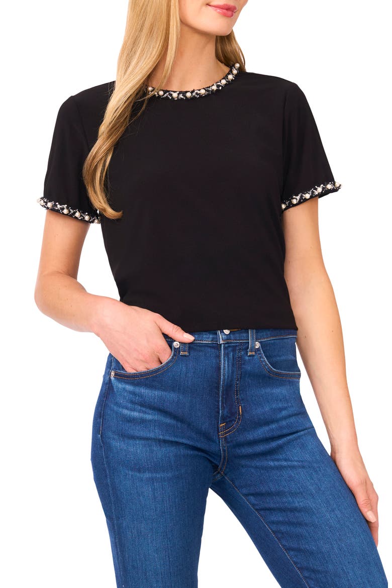 Faux Pearl Embellished T-Shirt, Main, color, RICH BLACK