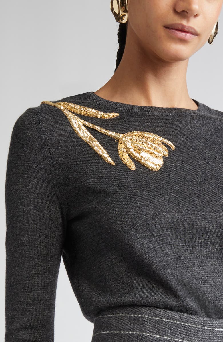 Carolina Herrera Embroidered Long Sleeve Virgin Wool & Silk Crewneck Sweater, Alternate, color, Charcoal Grey