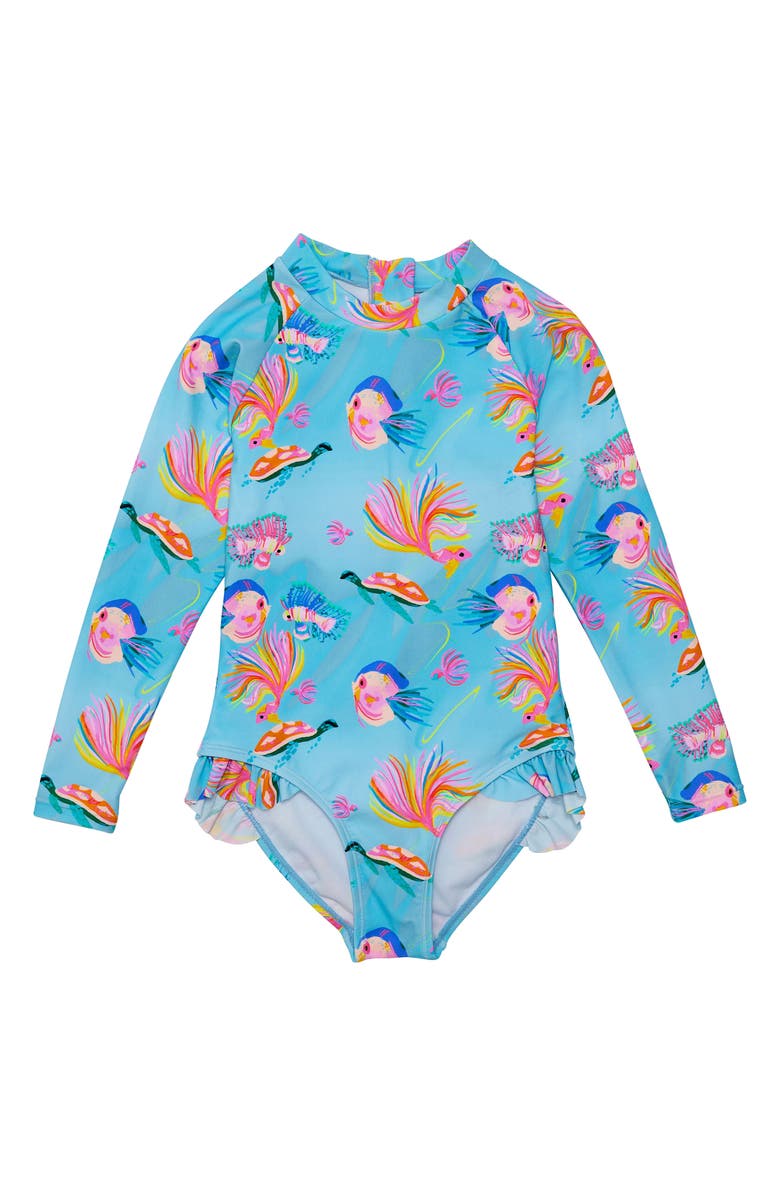 Snapper Rock Kids' Kaleido Fish Long Sleeve One-Piece Swimsuit, Main, color, Blue