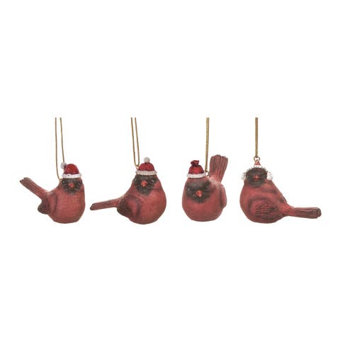 Resin Cardinal Santa Hat Ornament Set of 4 Christmas Decor