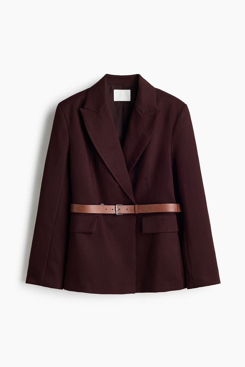 Belted Double-breasted Blazer, Alternate, color, Dark brown
