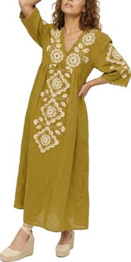 Raffya Arianna V-Neck Embroidered Maxi Dress