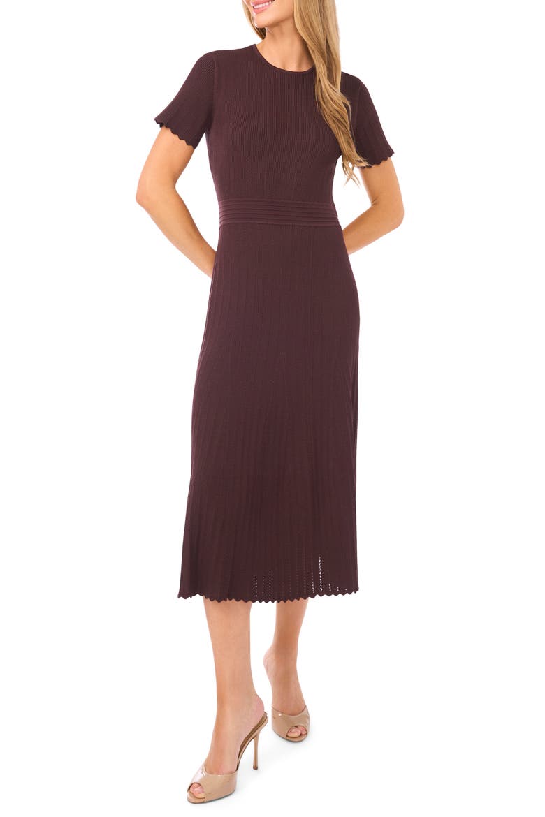 Pointelle Short Sleeve Midi Dress, Main, color, DARK CHOCOLATE