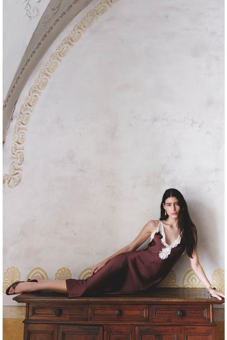 Lace Trim Satin Slipdress, Alternate, color, MAROON