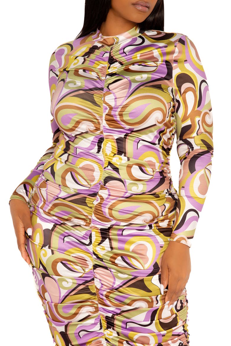 Print Ruched Long Sleeve Midi Body-Con Dress, Alternate, color, PINK MULTI