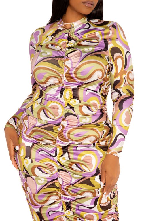 Buxom Couture Print Ruched Long Sleeve Midi Body-con Dress In Multi